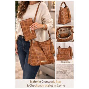 Brahmin Croc Embossed Leather Crossbody & Wallet Set Gold Hardware W/Dust Bag